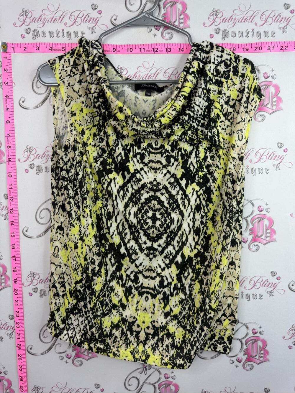 Jones New York Neon Yellow Black Abstract Cowl Neck Sleeveless Top